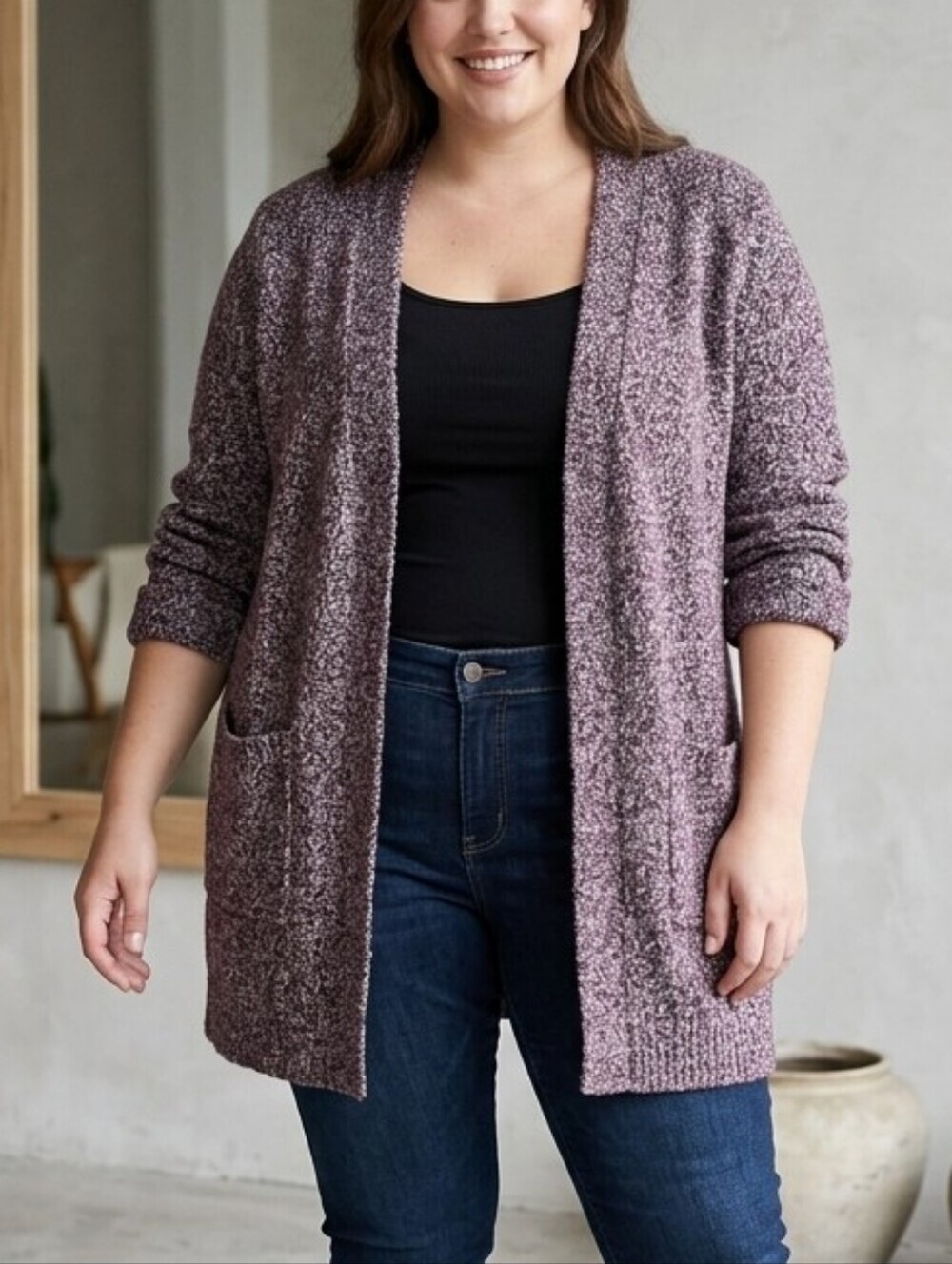 Reitmans Open Front Cardigan Women's XL Marled Burgundy Gray Long Sleeve